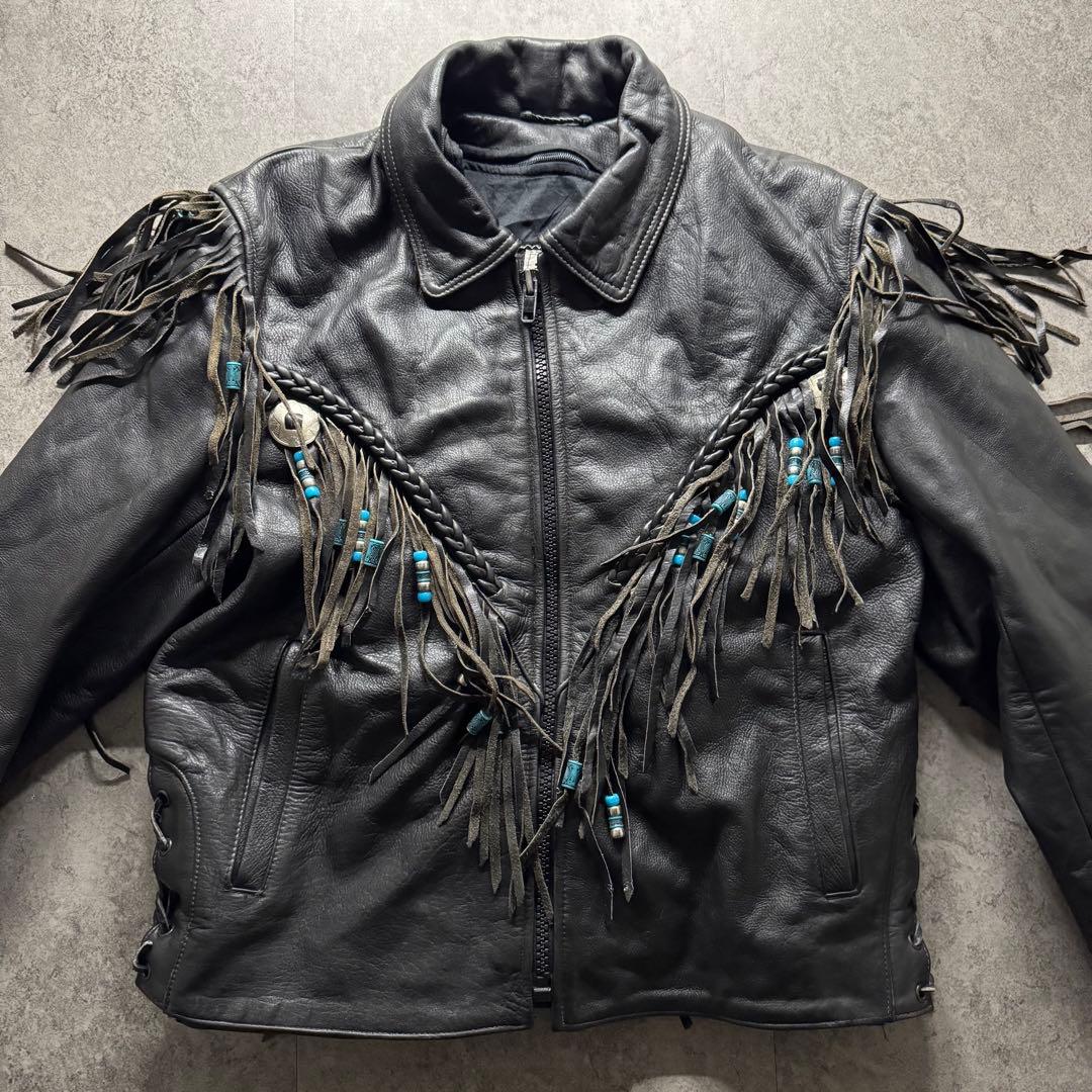 【希少】ライダースジャケット　L フリンジ　ギミック　ペイント　コンチョ　レザー