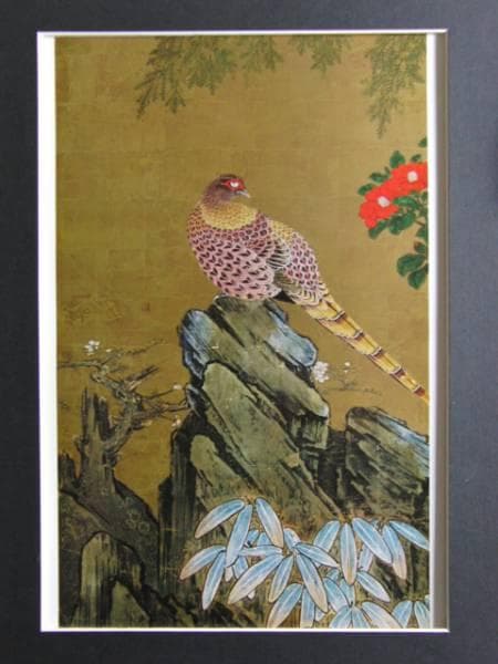 狩野山楽、梅に山鳥図襖絵、超希少・大判画集画、新品高級額装付