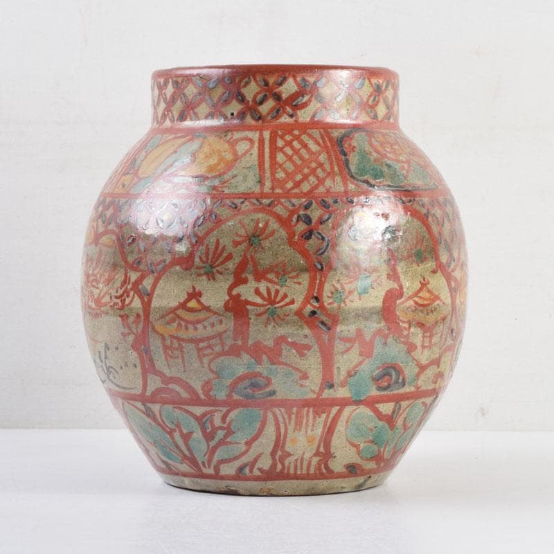 琉球陶器　壺屋焼　小橋川仁王造　神獣山水文　花瓶　共箱　C　8976