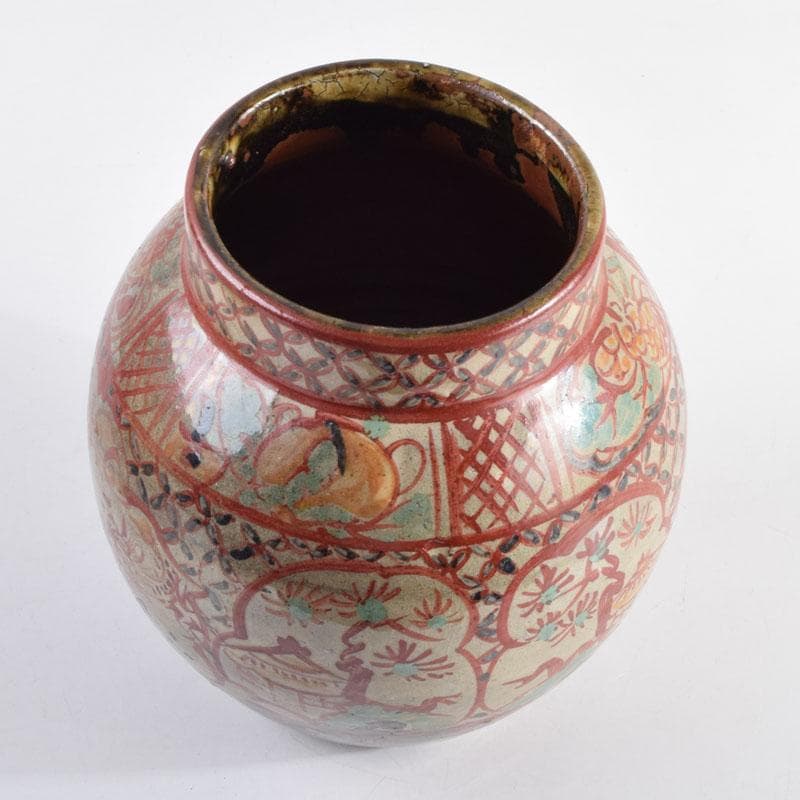 琉球陶器　壺屋焼　小橋川仁王造　神獣山水文　花瓶　共箱　C　8976