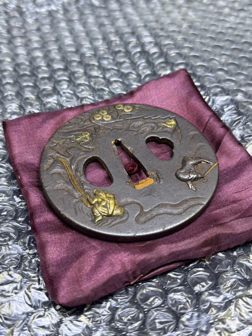 無銘　　金工金象嵌松下　牛引き　山水図鍔　透かし鐔　刀鐔　鍔