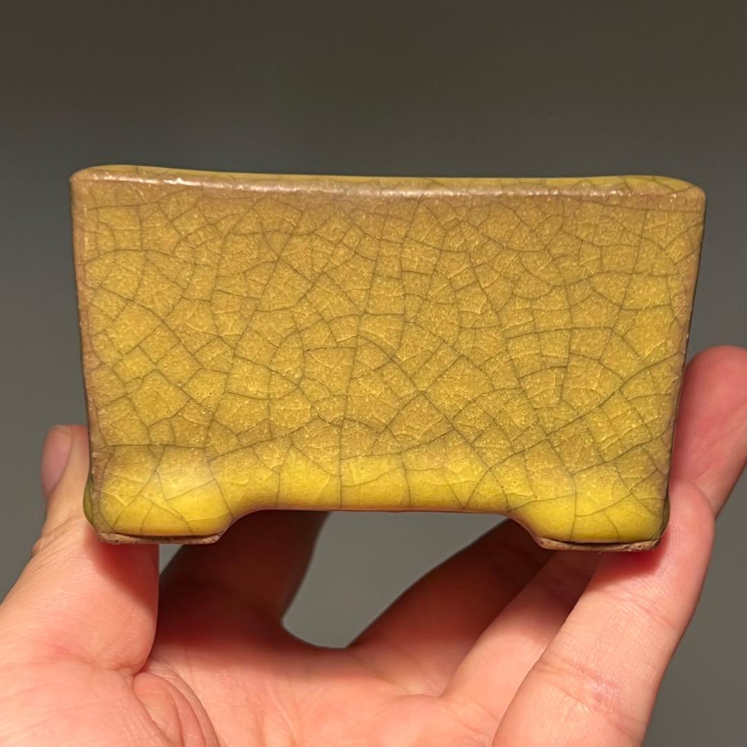 830.暁雲 黄貫入釉切立正方 盆栽鉢 植木鉢 8.2*8.2*4.9cm