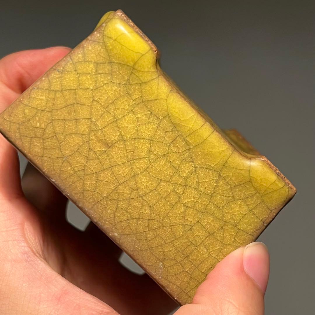 830.暁雲 黄貫入釉切立正方 盆栽鉢 植木鉢 8.2*8.2*4.9cm