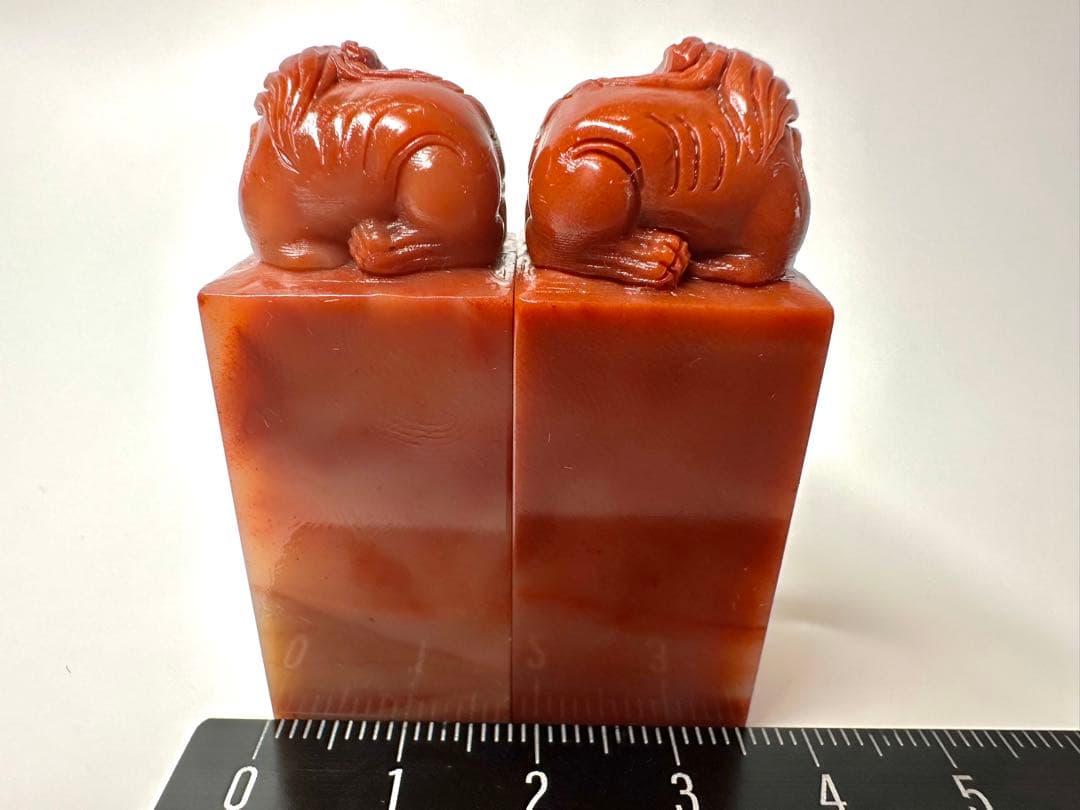 獅子　古獣　朱砂　水凍　ペア印　高級印材　ラオス　篆刻　印材書道　落款　対章