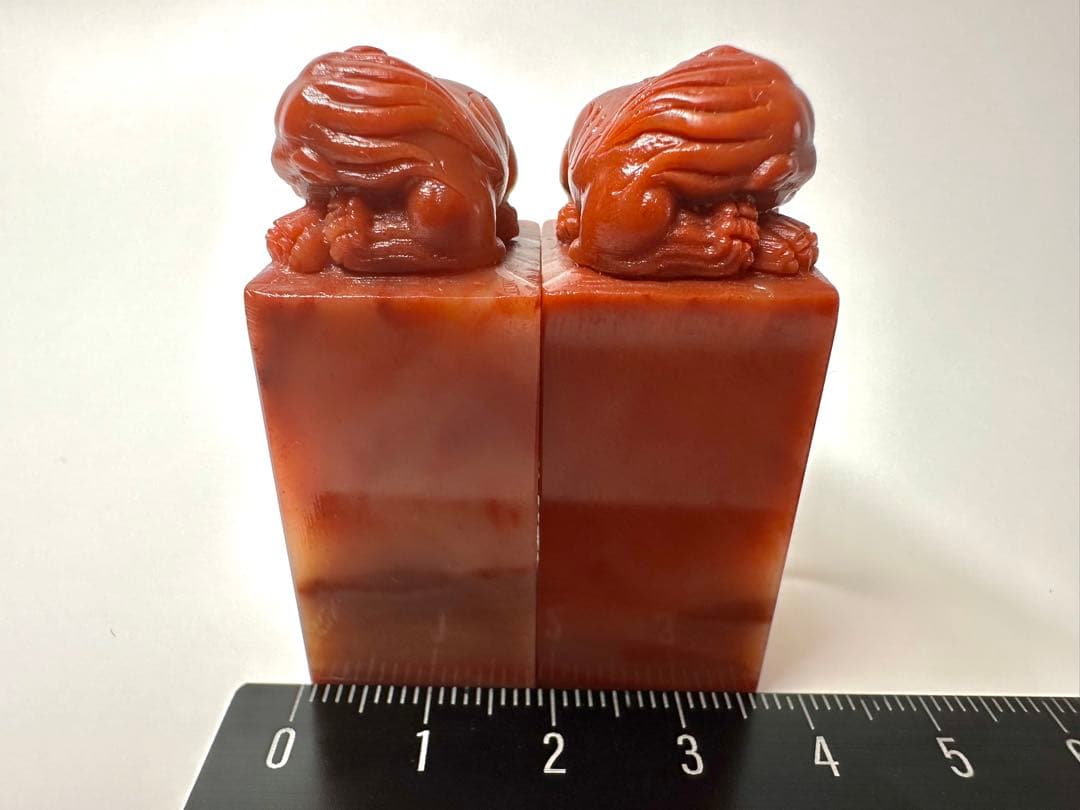 獅子　古獣　朱砂　水凍　ペア印　高級印材　ラオス　篆刻　印材書道　落款　対章