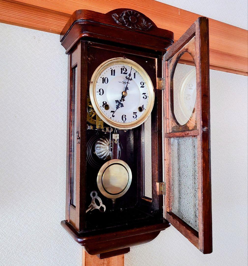 〈完動・美品〉菱Y・N印　大正浪漫ダイヤ硝子 スリゲル宮型ゼンマイ振り子時計