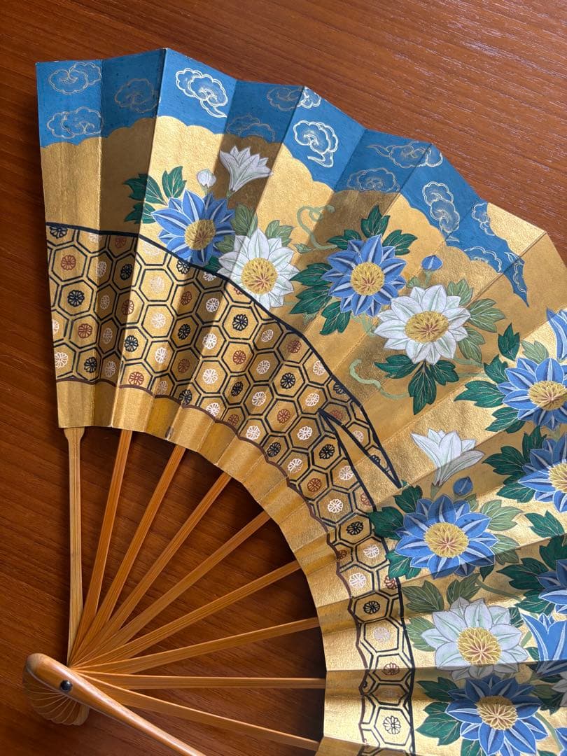 観世流　本金花柄舞扇青金色