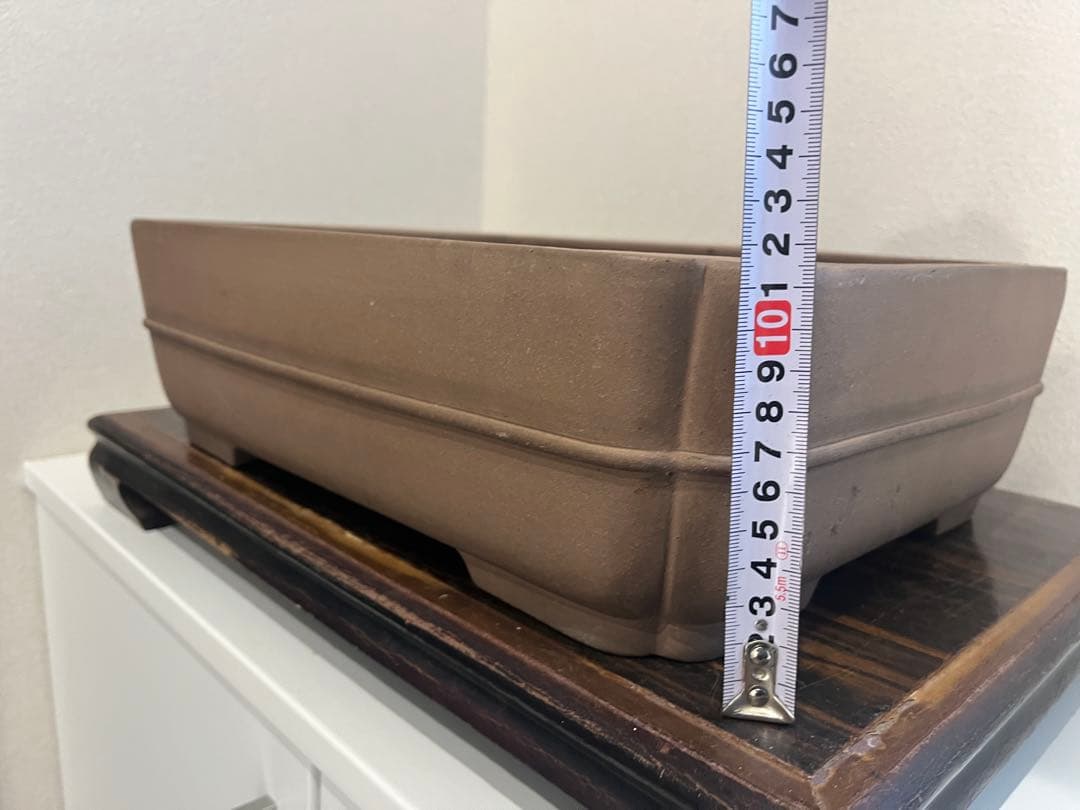 人気常滑作家 松泉焼 山秋造「松泉紫泥切立隅入中帯切足長方鉢」実用性抜群 盆栽鉢