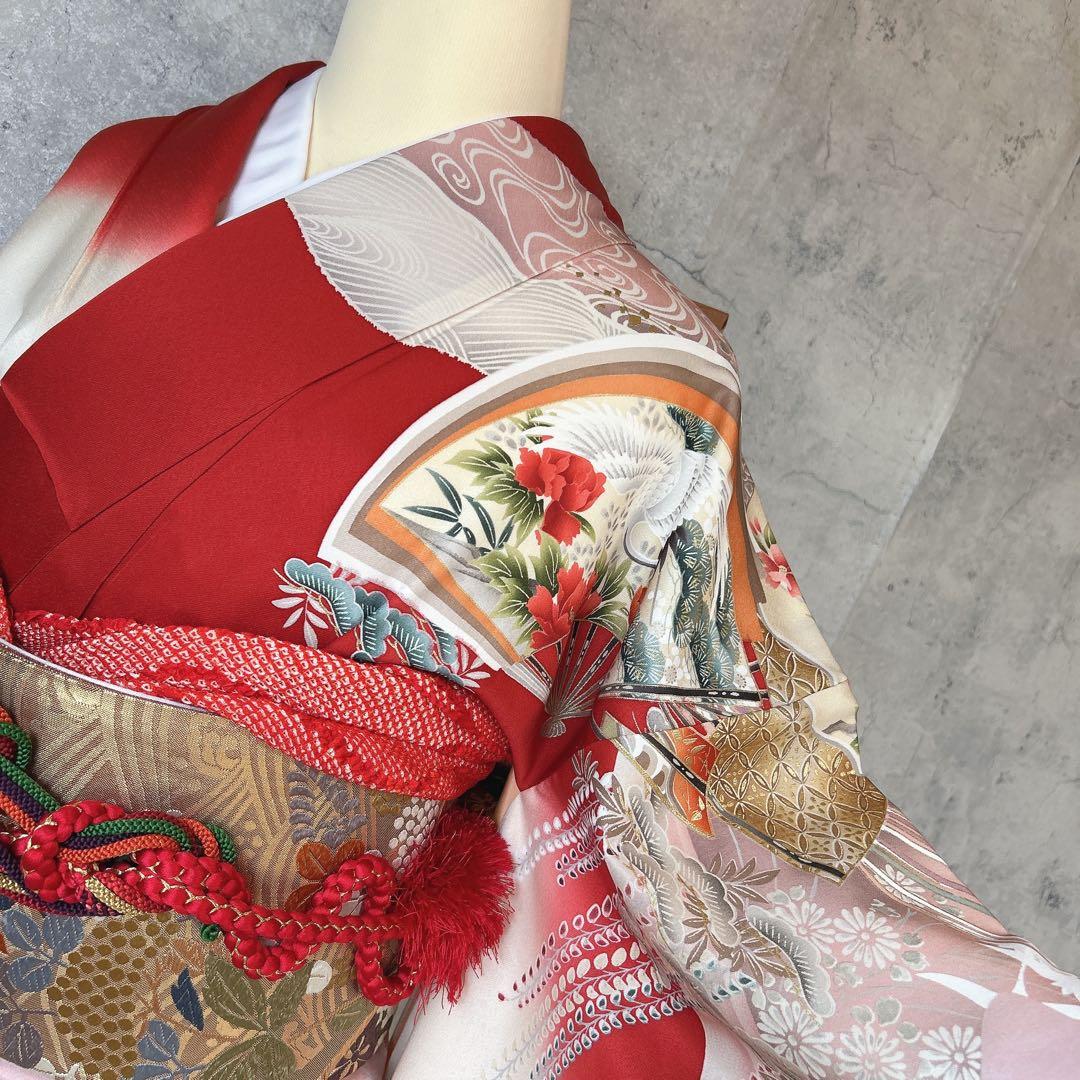 特価　振袖　フルセット　正絹　赤　古典柄　成人式