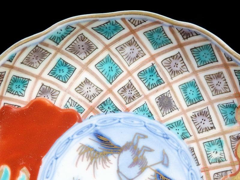 古伊万里　色絵　傘美人に筍掘りの図　４寸皿　５枚　A697AS-BZq