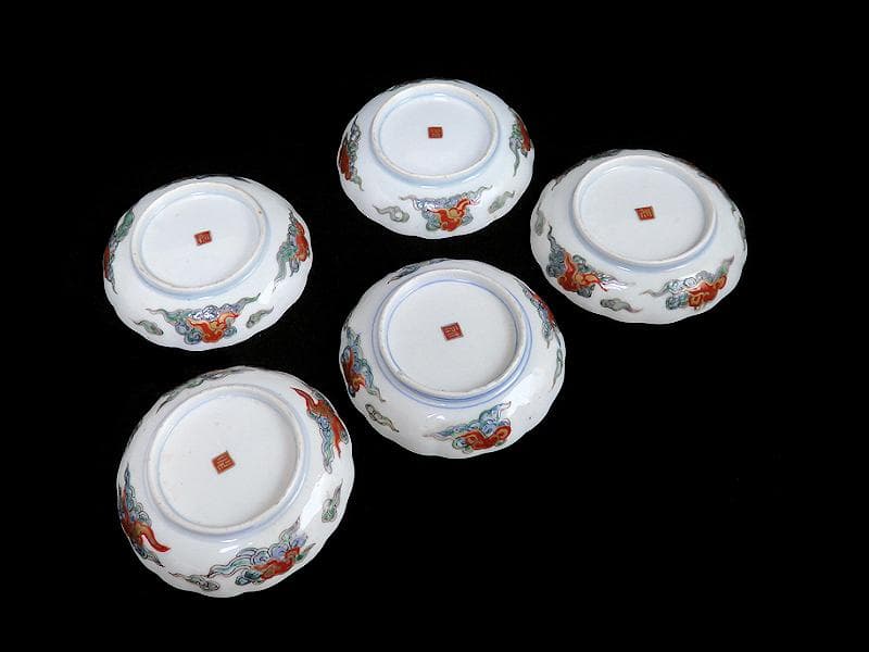 古伊万里　色絵　傘美人に筍掘りの図　４寸皿　５枚　A697AS-BZq