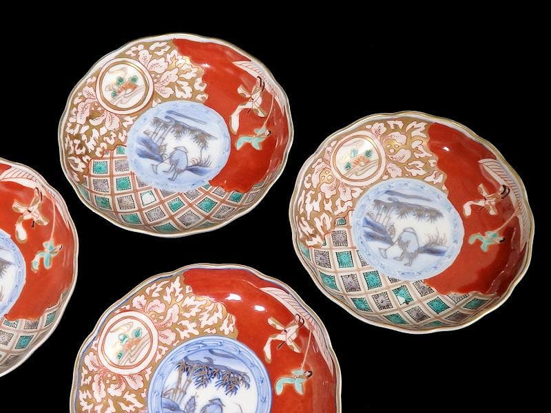 古伊万里　色絵　傘美人に筍掘りの図　４寸皿　５枚　A697AS-BZq