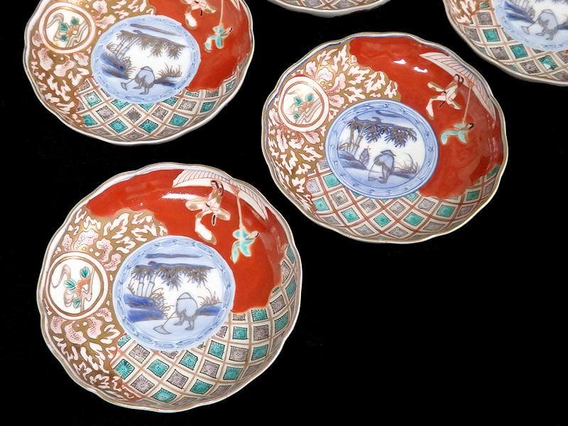 古伊万里　色絵　傘美人に筍掘りの図　４寸皿　５枚　A697AS-BZq