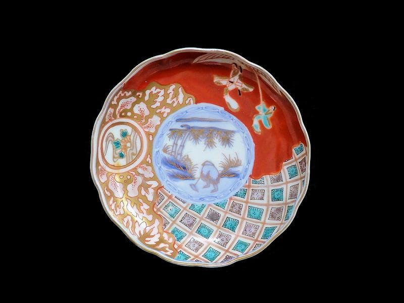 古伊万里　色絵　傘美人に筍掘りの図　４寸皿　５枚　A697AS-BZq