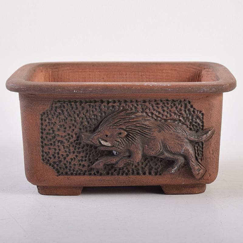 駿河山正作　紫砂　朱泥　猪刻　小さな植木鉢　盆栽鉢　V　R8834