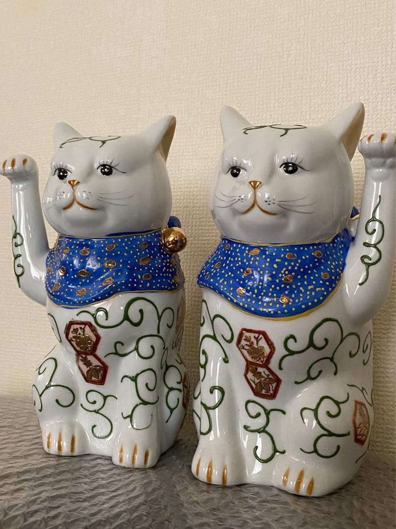 伊万里招き猫陶器開運 縁起物置物商売繁盛 一対