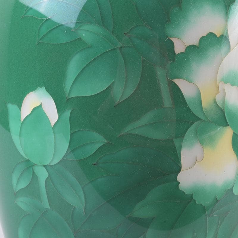 七宝焼　緑釉　牡丹文　花瓶　唐木台付　V　9324