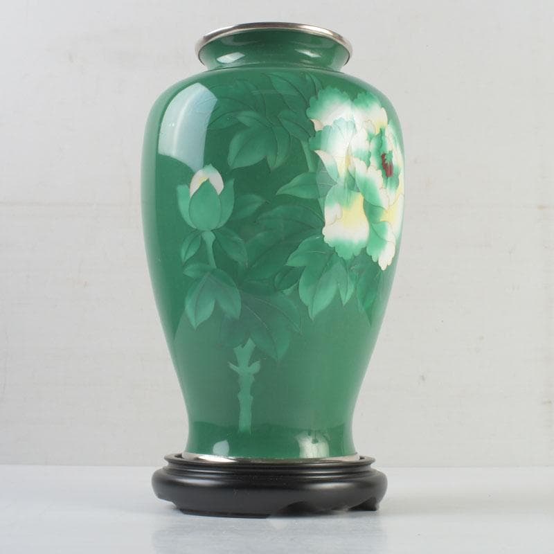 七宝焼　緑釉　牡丹文　花瓶　唐木台付　V　9324