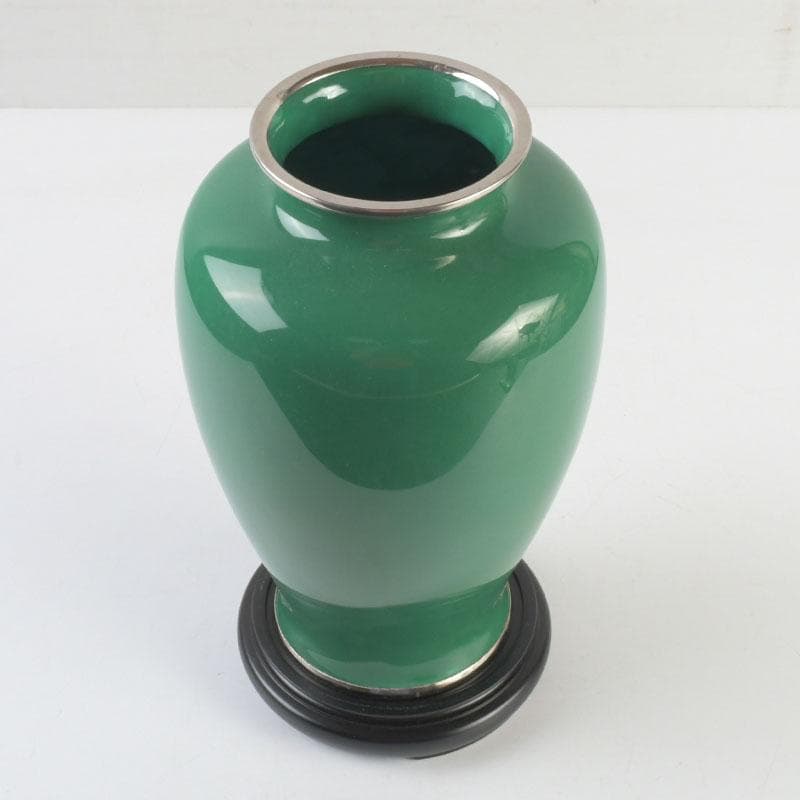 七宝焼　緑釉　牡丹文　花瓶　唐木台付　V　9324