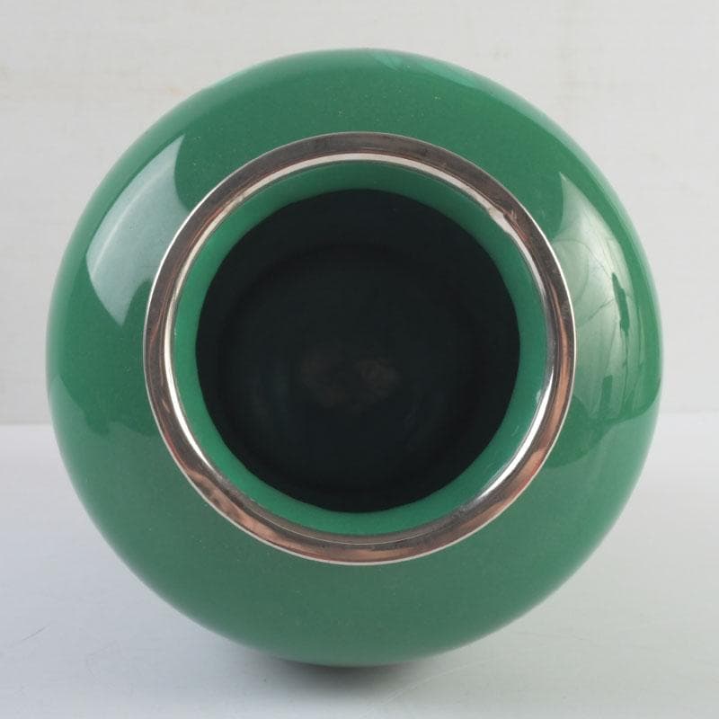 七宝焼　緑釉　牡丹文　花瓶　唐木台付　V　9324