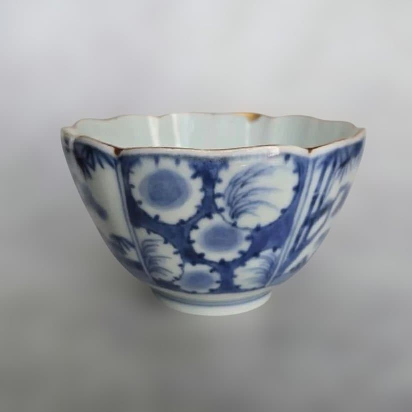 古伊万里　染付　向付　雪輪　芙蓉手　江戸時代　酒器　アンティーク　金継ぎ　金直し