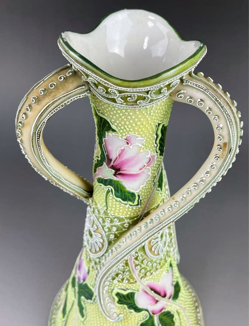 【希少】オールドニッポン 約２５．３cm 花紋 一陳盛上げ アールヌーボー 花瓶