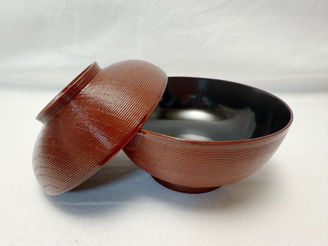 ほぼ未使用 懐石道具 天然木製 本漆塗 千筋 雑煮椀 5客揃 溜塗 内黒 共箱