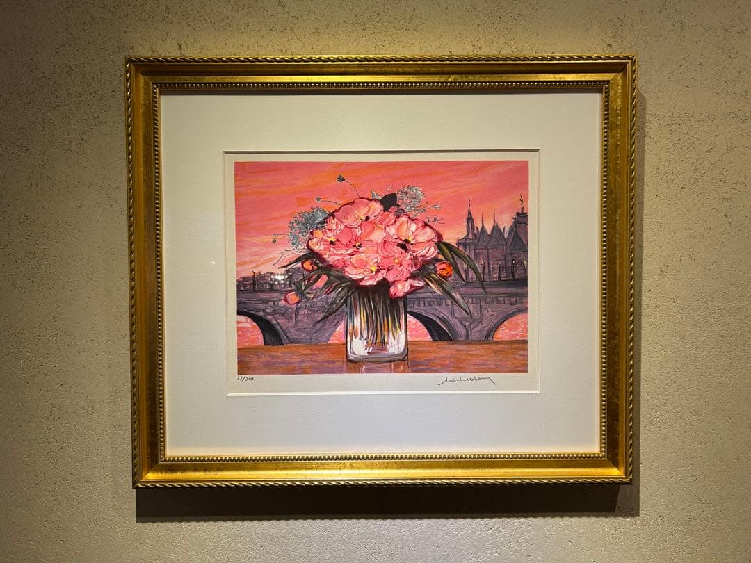 ミシェルアンリ　花束とノートルダム寺院　リトグラフ