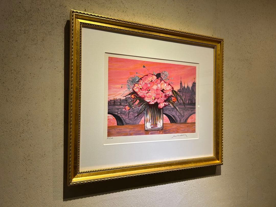 ミシェルアンリ　花束とノートルダム寺院　リトグラフ