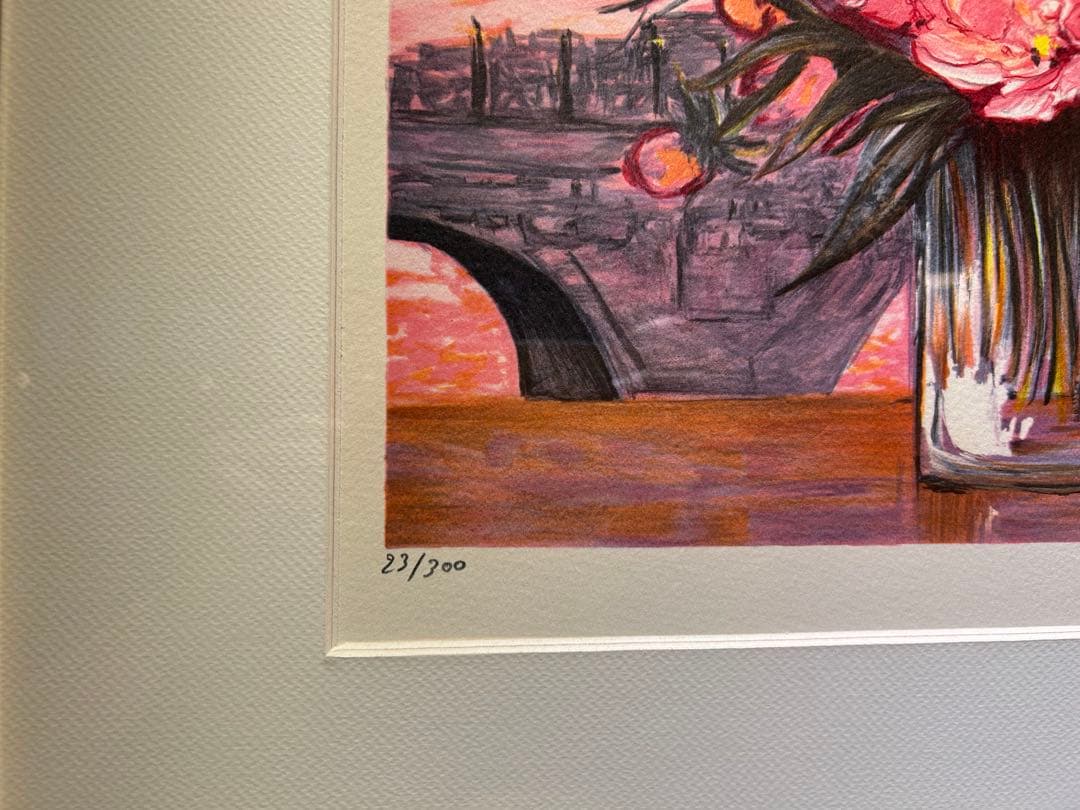 ミシェルアンリ　花束とノートルダム寺院　リトグラフ