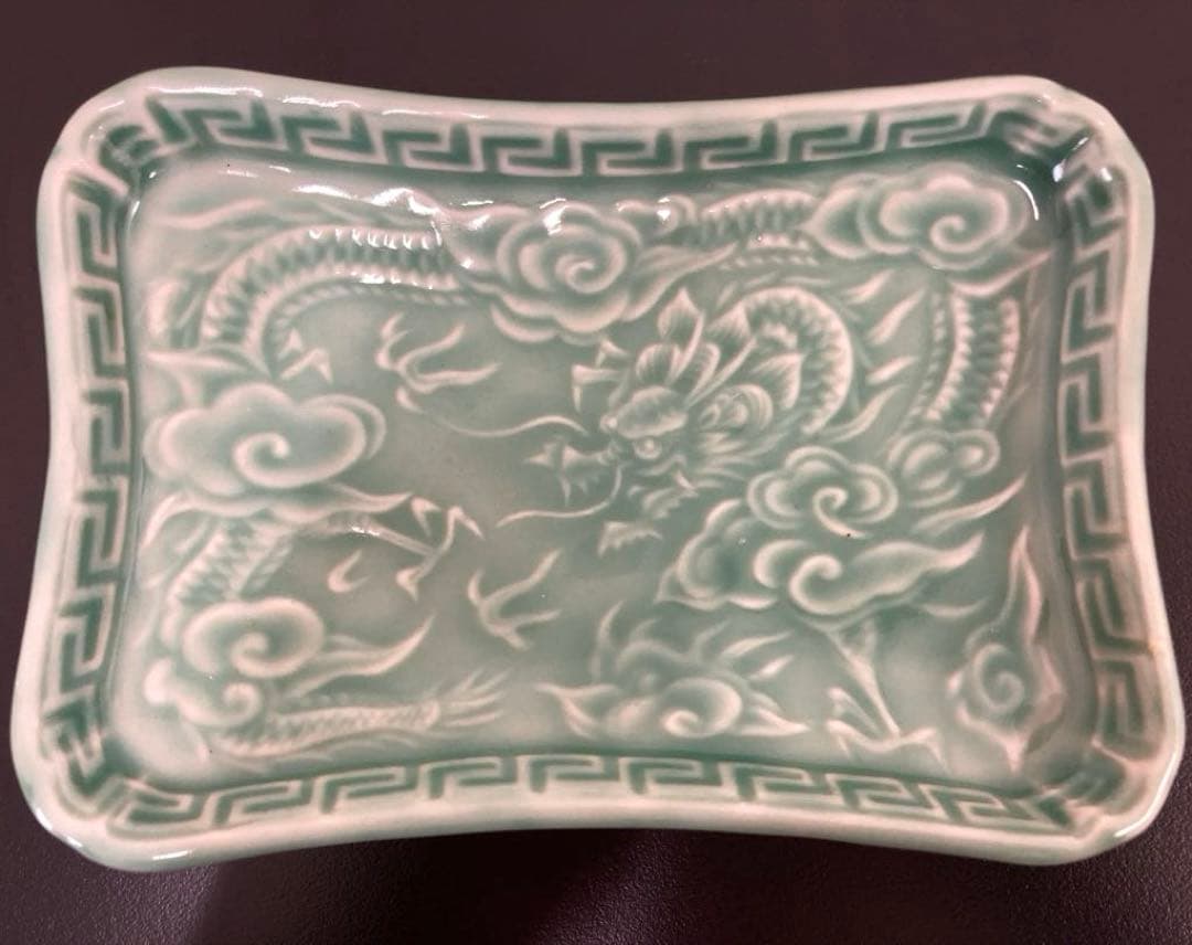 青磁 五陶　陽刻 雲龍　長角皿 5枚セット