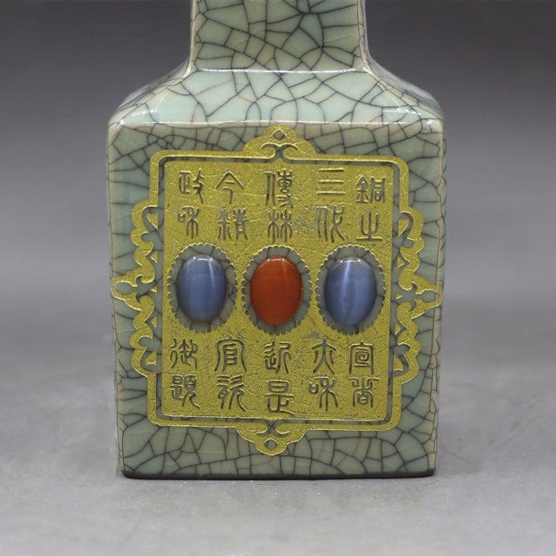 宋代兄窯開片金象嵌宝石象耳四方瓶景徳鎮 陶磁器 装飾品 現代工芸品 美術品 置物