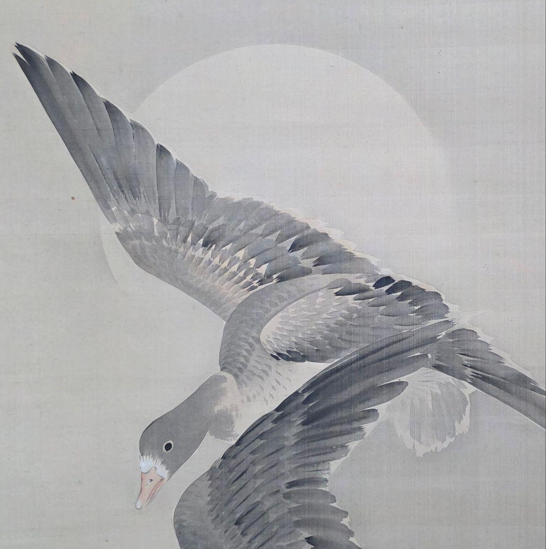 【月に雁図】望月金鳳 2714 秋掛 掛け軸 肉筆