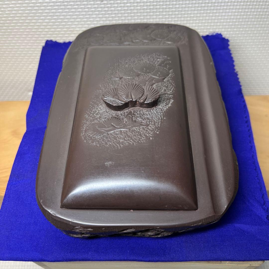 ⭕️赤間硯　石蓋付硯　長久松彫刻　大型硯　赤間硯　くすのき製硯　下井百合昭　昭竜山