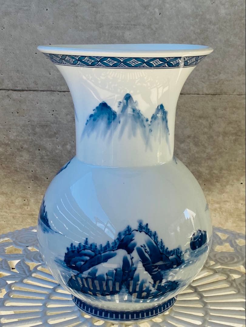 青白磁 山水画 フラワーベース