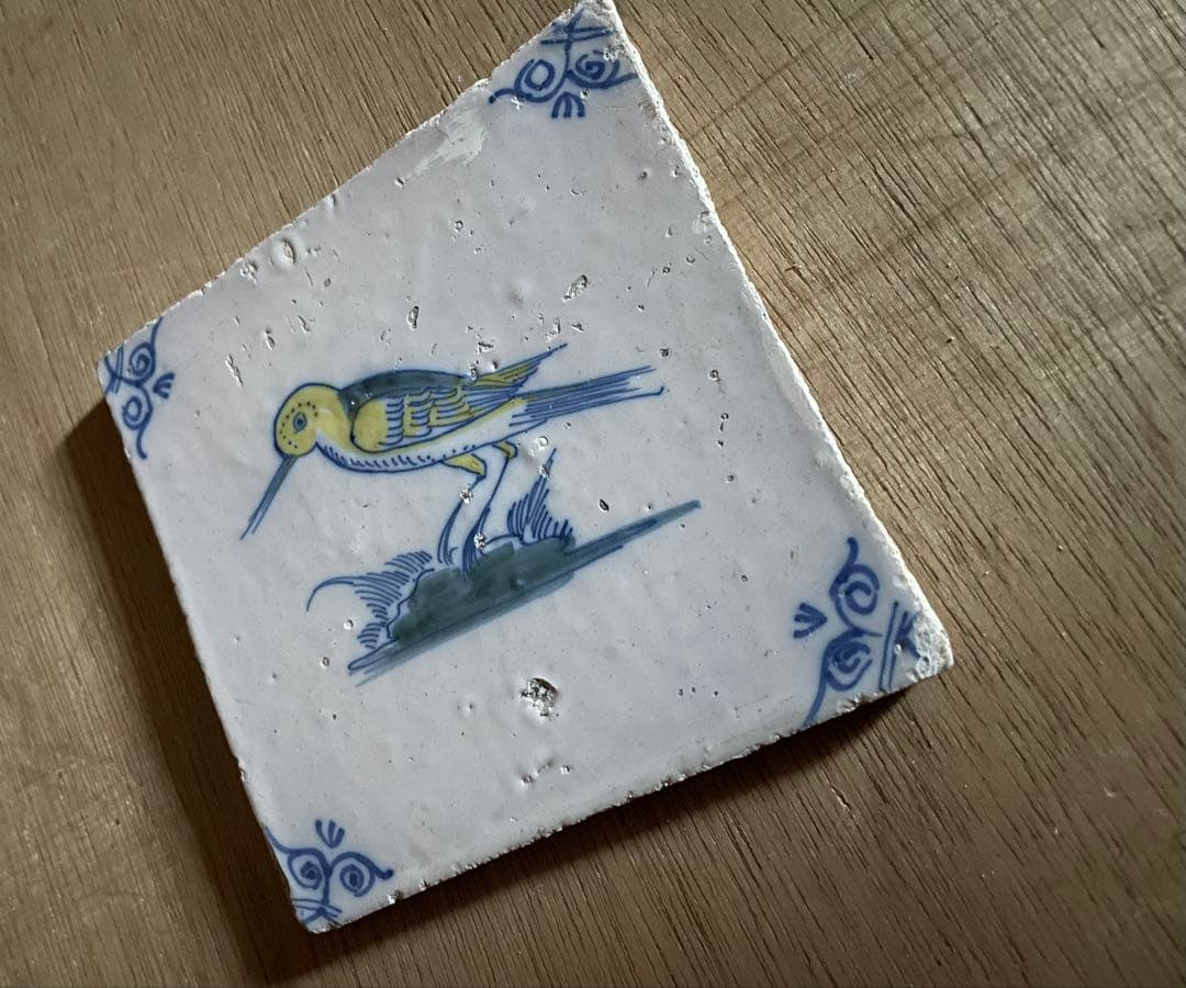 17世紀 色絵デルフトタイル 鳥　オランダ　/デルフト　骨董　古道具 染め付け