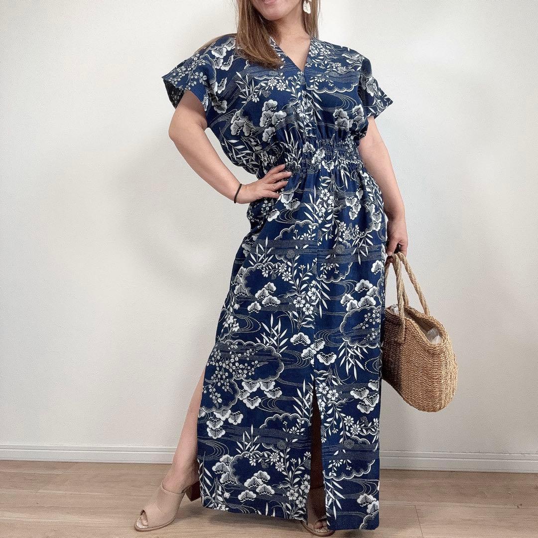 竺仙　浴衣　リメイク　綿縮　ワンピース ハンドメイド　ロング　マキシ　着物　紺