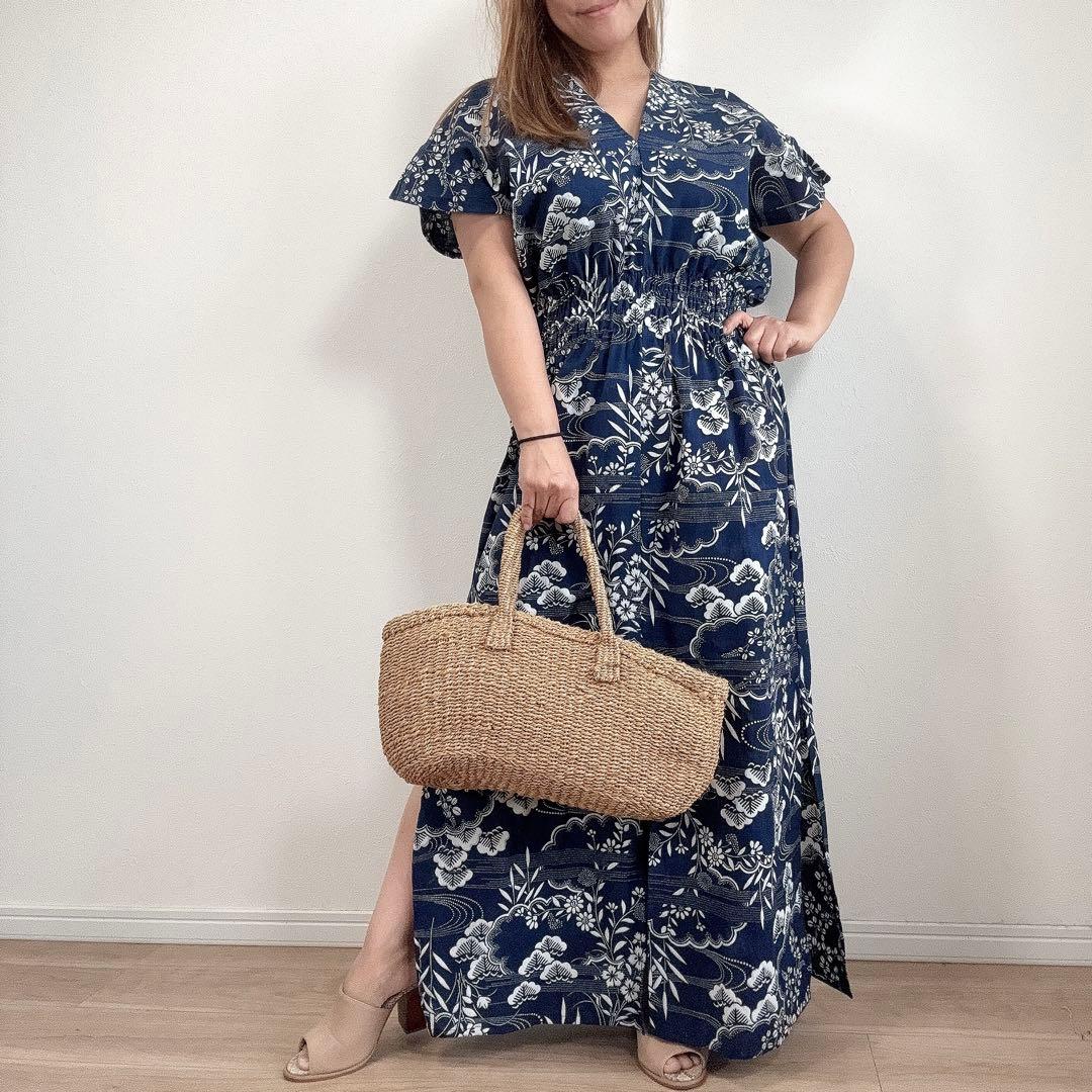 竺仙　浴衣　リメイク　綿縮　ワンピース ハンドメイド　ロング　マキシ　着物　紺