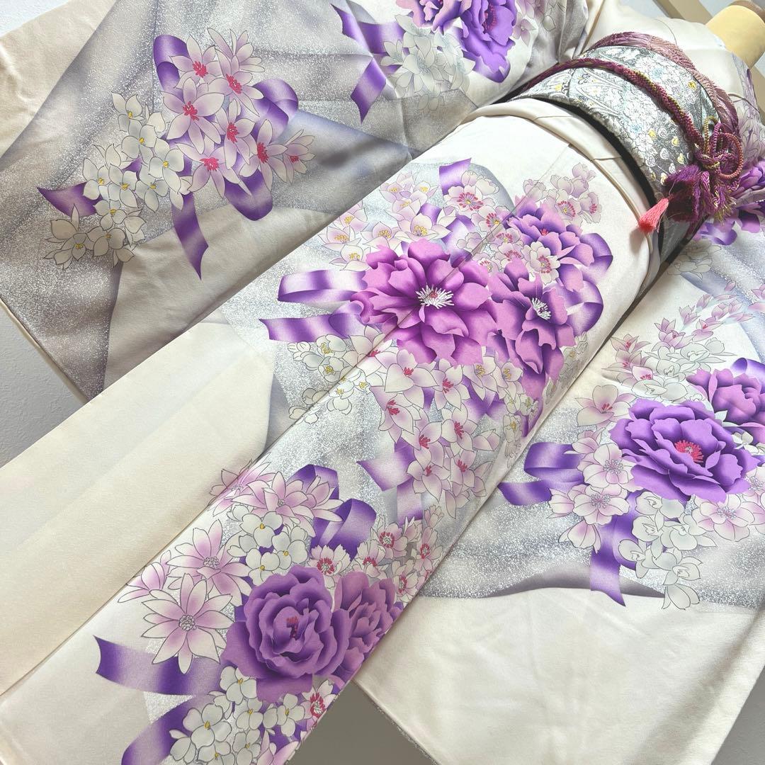 415 振袖フルセット 正絹 オフホワイト 紫 銀彩 たたき染め 暈し染め 比翼