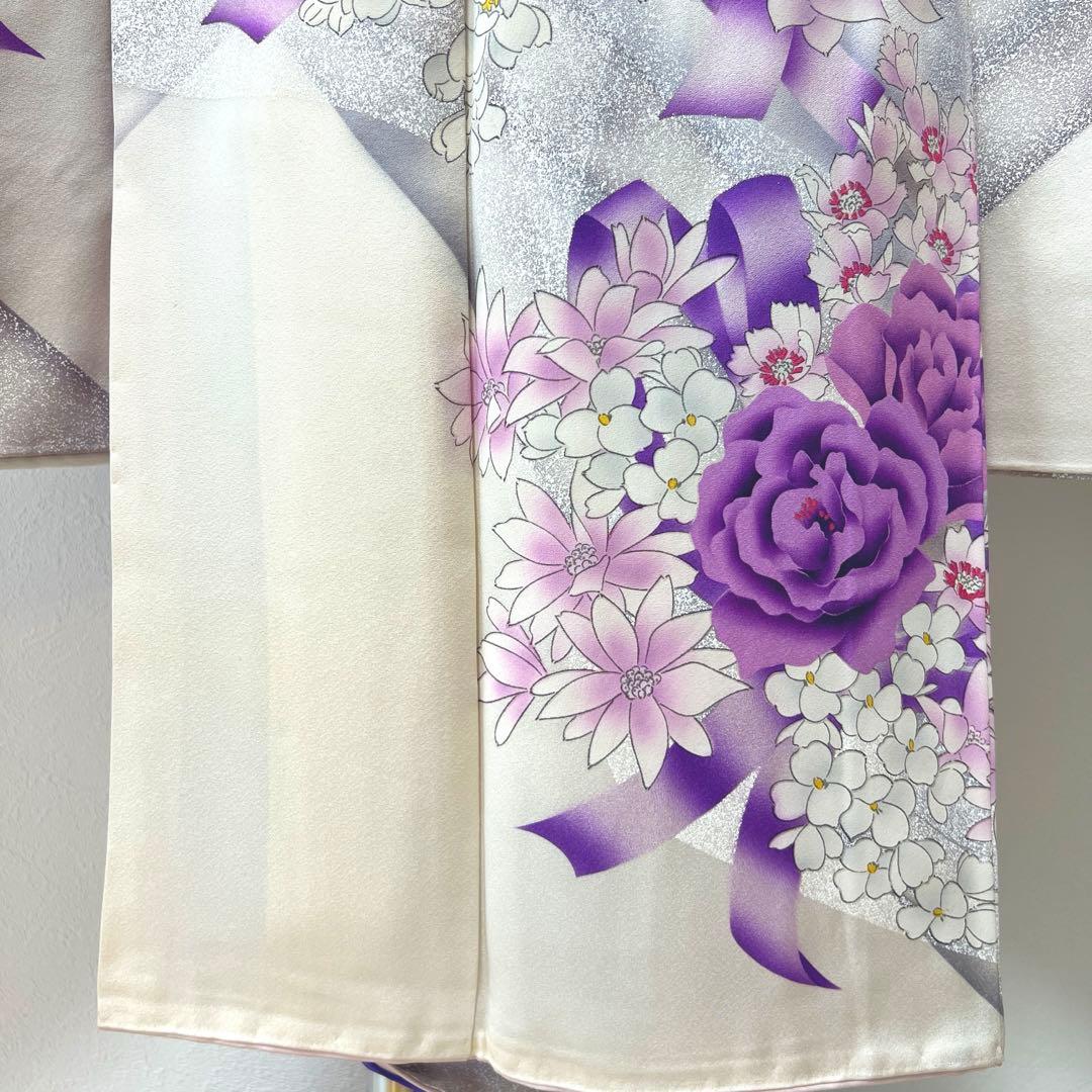 415 振袖フルセット 正絹 オフホワイト 紫 銀彩 たたき染め 暈し染め 比翼