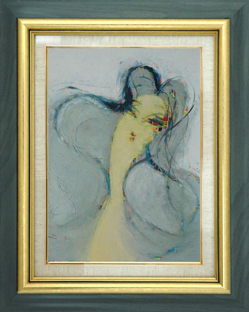 油絵 菅家令子 絵 絵画インテリア額付(青緑＋金色の枠) F6-081212女性