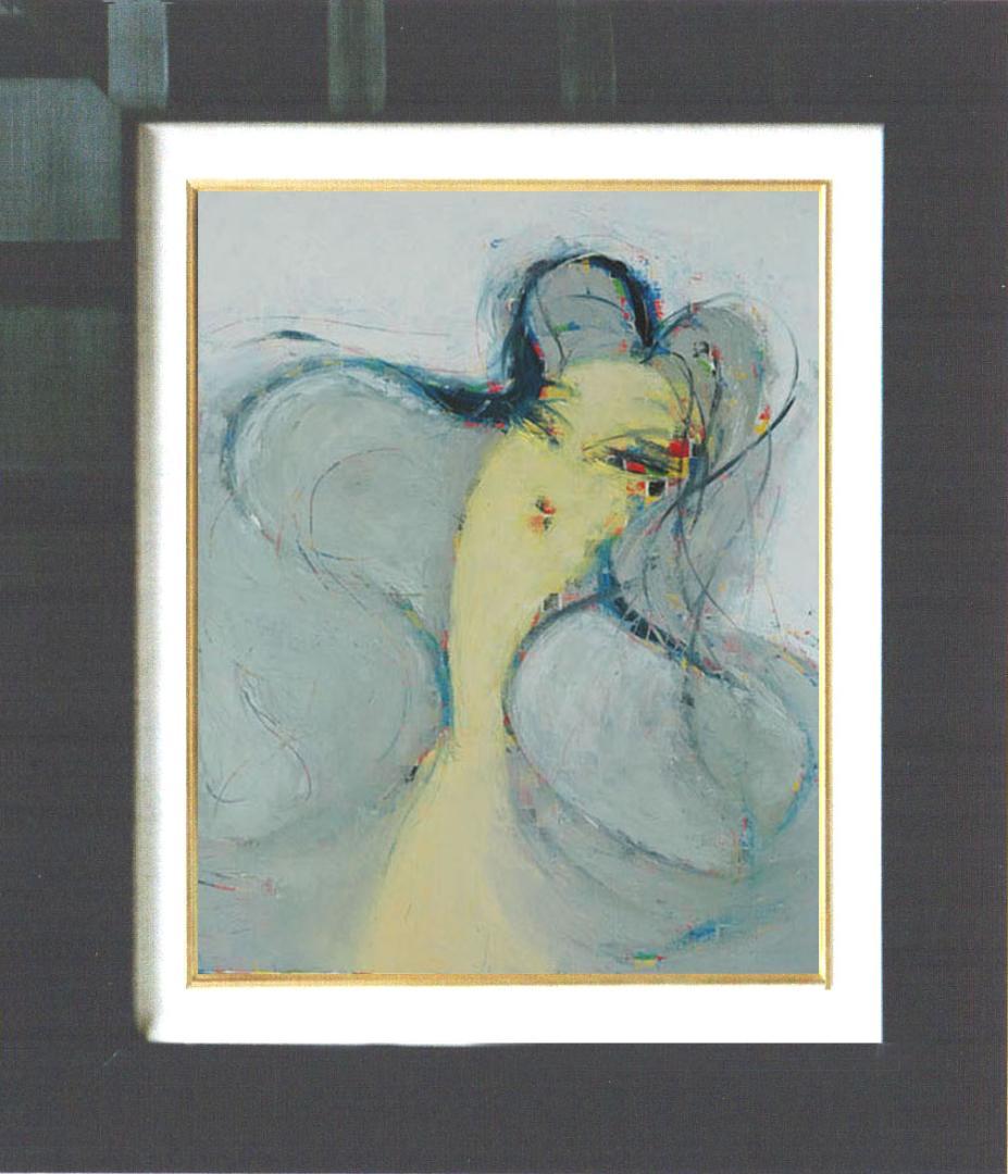 油絵 菅家令子 絵 絵画インテリア額付(青緑＋金色の枠) F6-081212女性