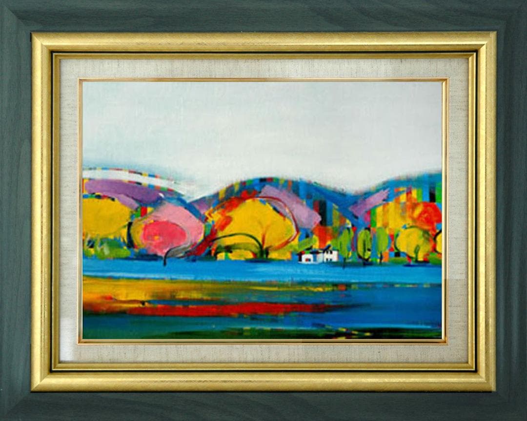 油絵 菅家令子 絵 絵画インテリア額付(青緑＋金色の枠)uF6-081811風景