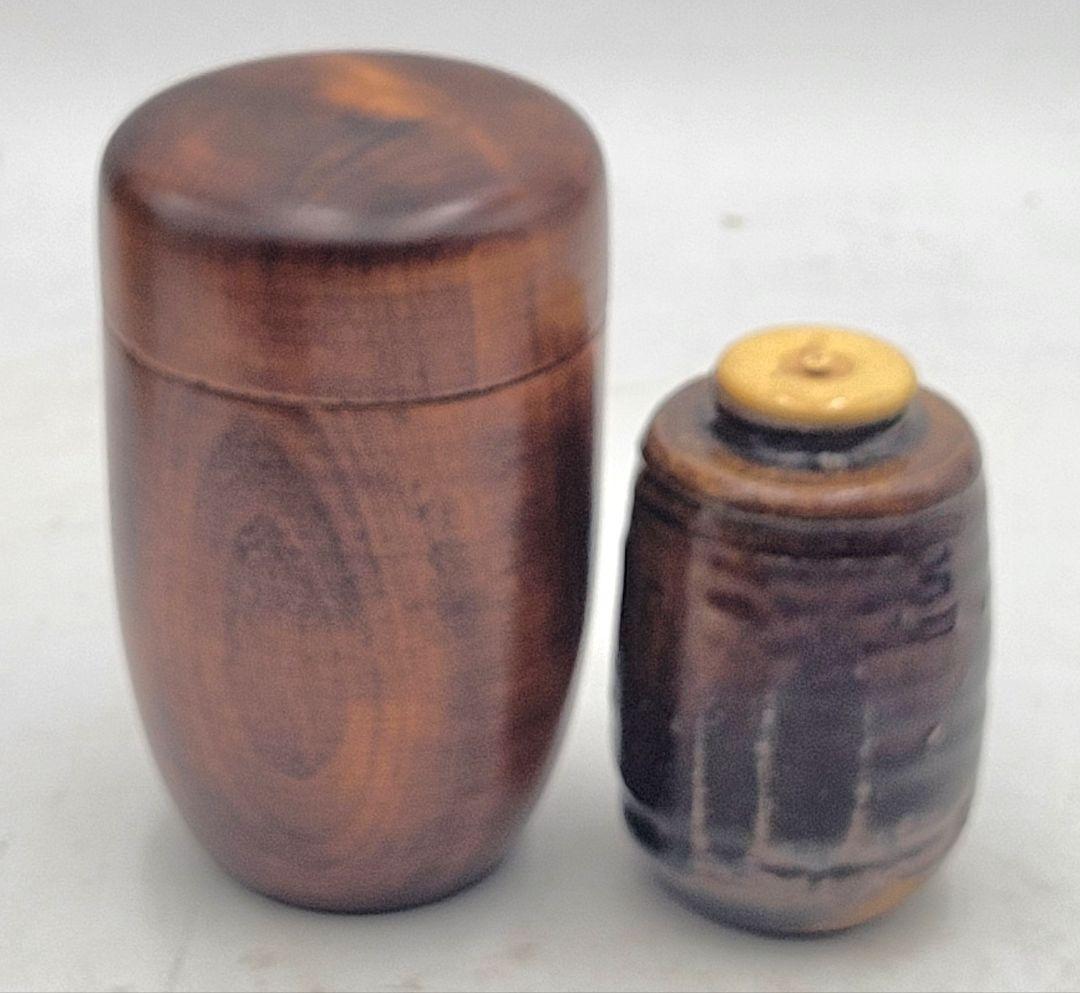 膳所焼　茶入れ　挽家　仕服　合わせ箱　時代物　茶道具　骨董品、美術品