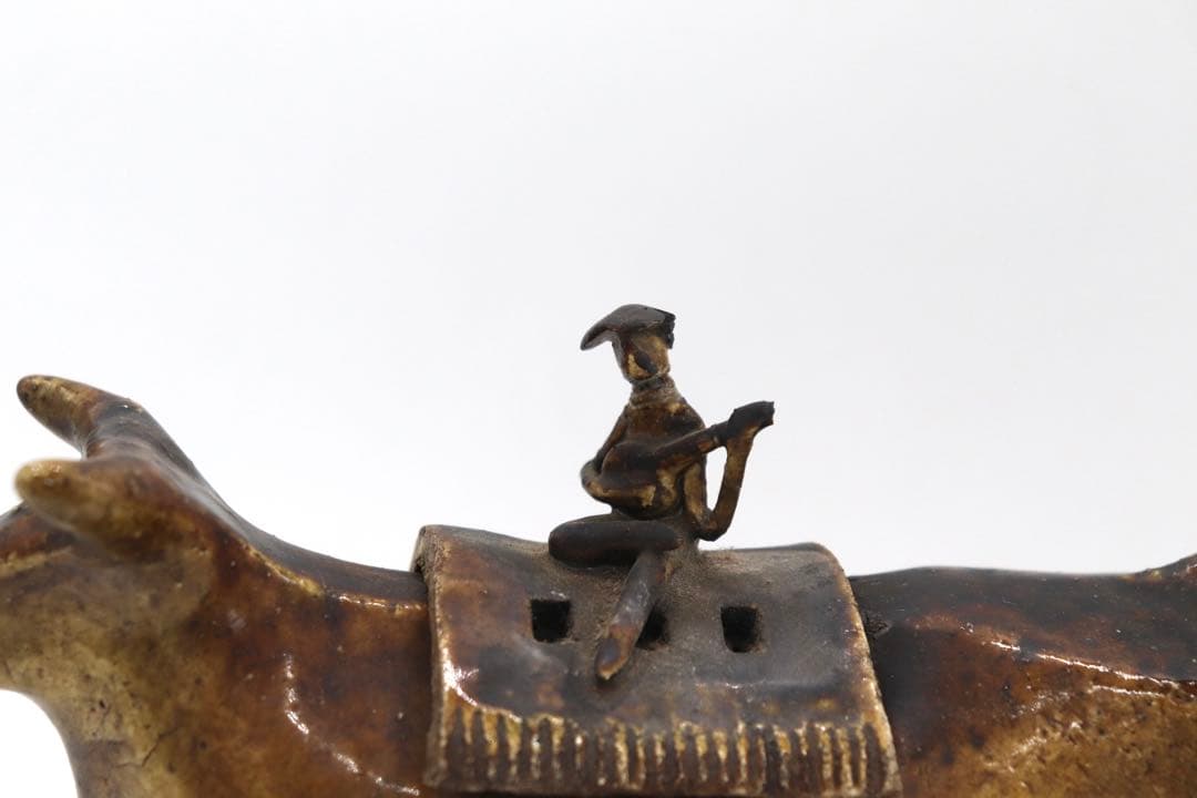 中国　磁州窯　黄釉　牛童子型香炉　送料込み250621