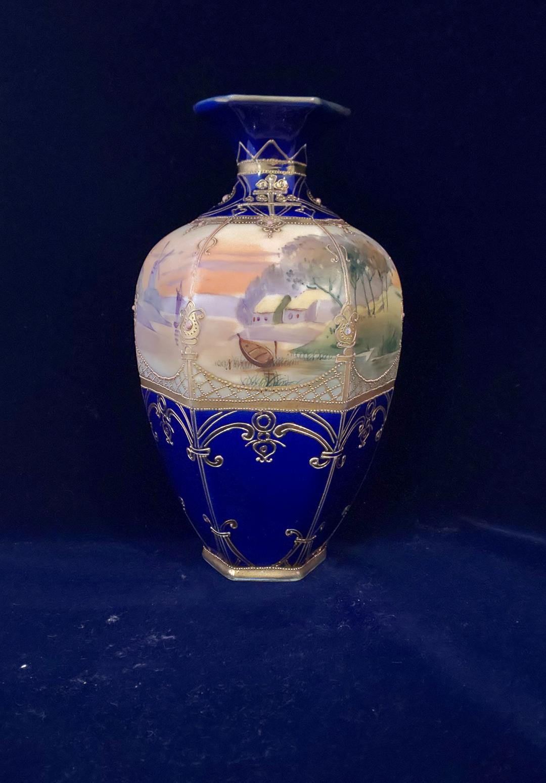 オールドノリタケ　コバルト　金盛　六角　花瓶