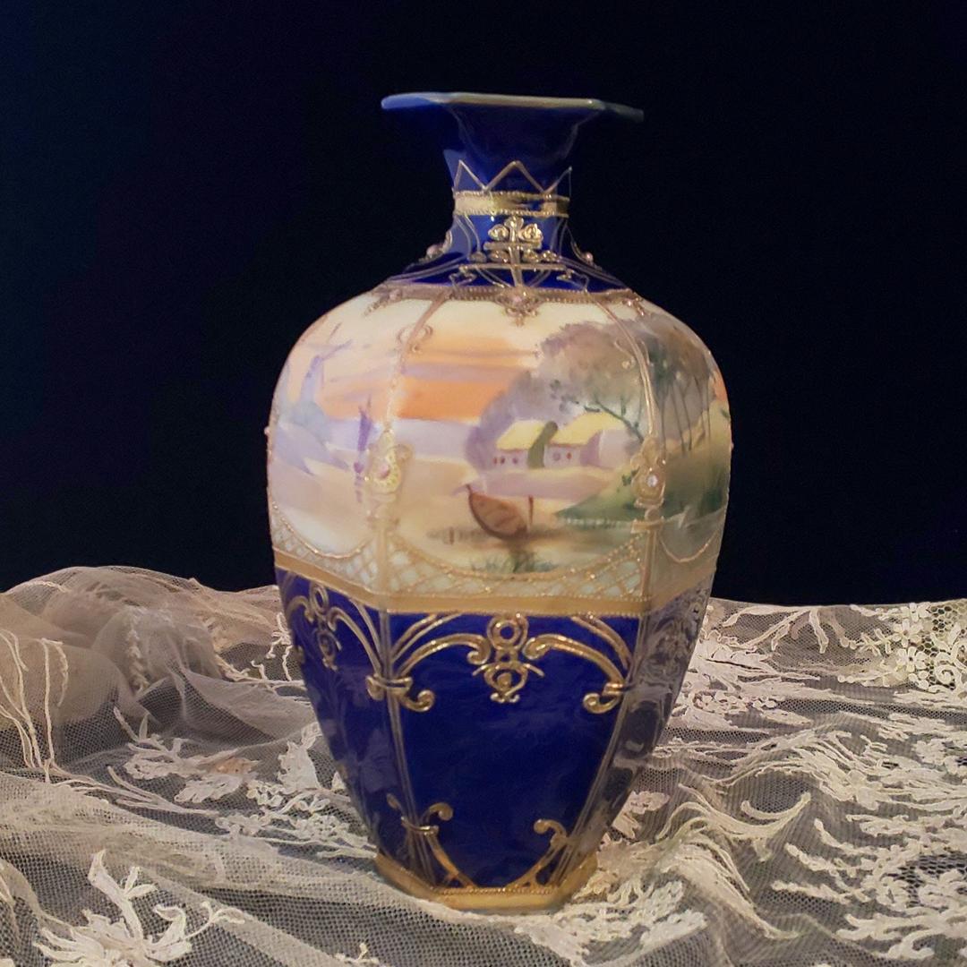 オールドノリタケ　コバルト　金盛　六角　花瓶