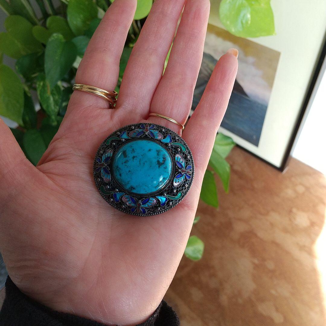 更に更に値下げ❗️ヴィンテージ SILVER×トルコ石七宝焼の帯留めブローチ