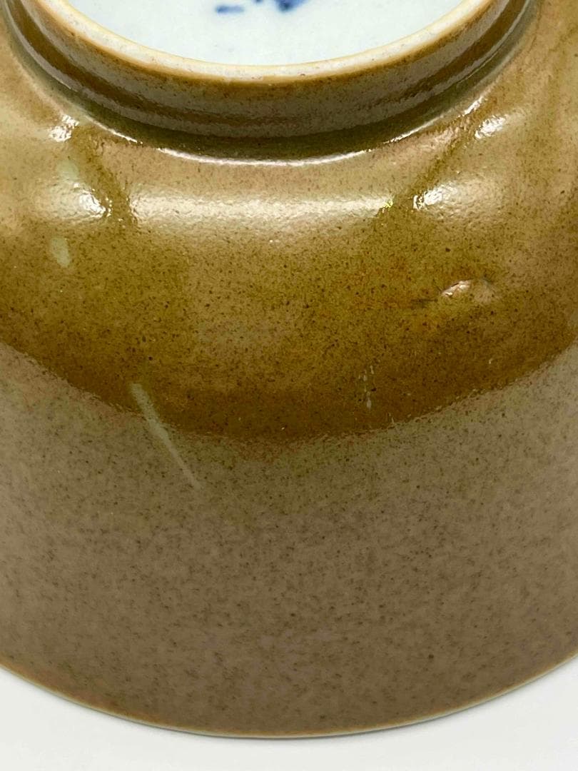 清光緒時代 紫金釉青花草虫文杯 压手杯 茶道具　茶杯 盃 煎茶碗(F-74)