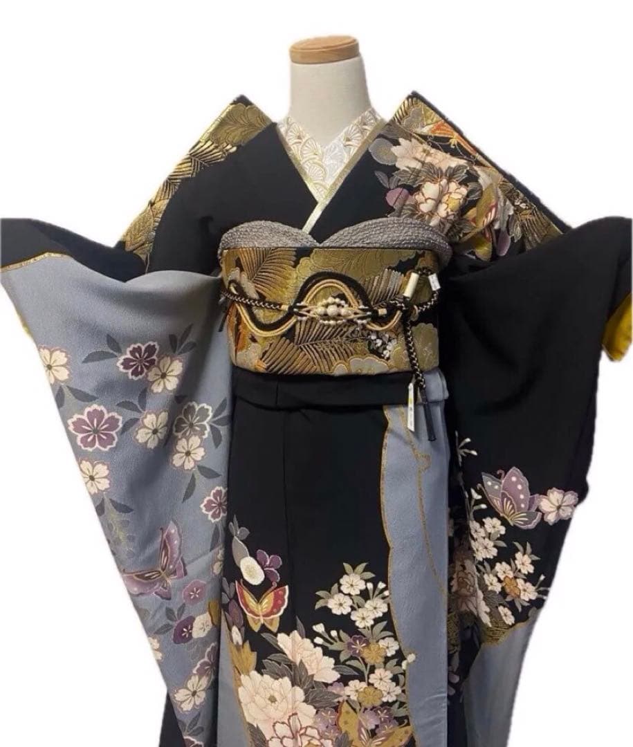 振袖フルセット　花蝶文　成人式　振袖　ゴールド　黒　正絹　振袖6点セット 豪華